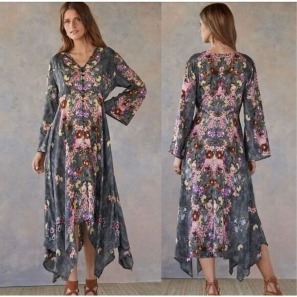 feathers Dresses & Skirts - Feathers by Tolani Floral Gray Dress Handkerchief Sz Small Unlined Boho Whimsy